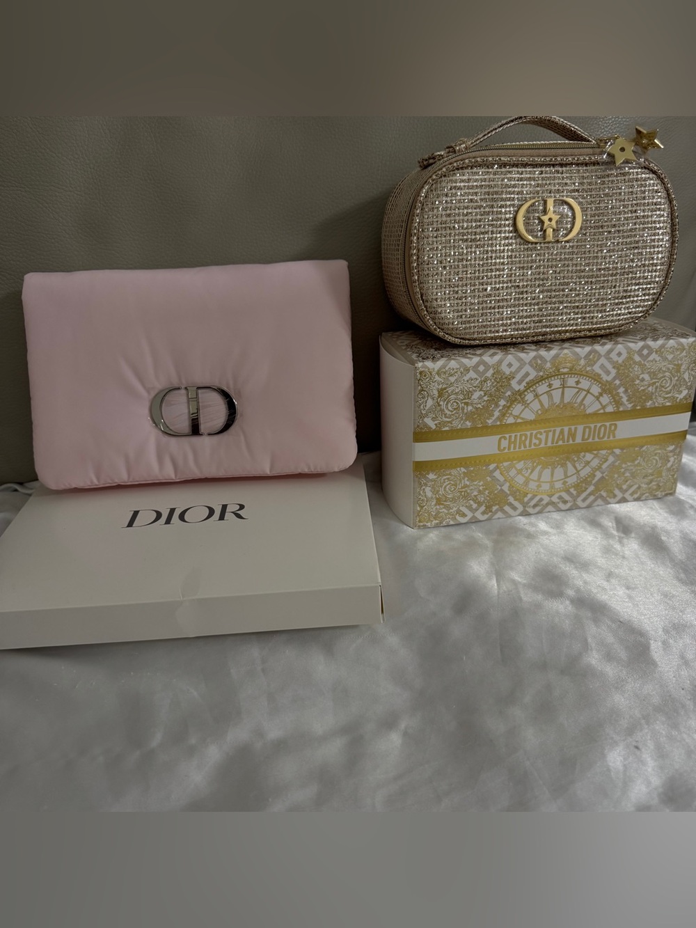 Dior Pale Pink Padded Cosmetic Pouch with Silver CD Emblem 2025 holiday edition